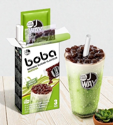 Picture of J WAY Instant Boba Bubble Pearl Matcha Milk Tea, Brown Sugar Flavor, Paper Straws Included - 3 Servings