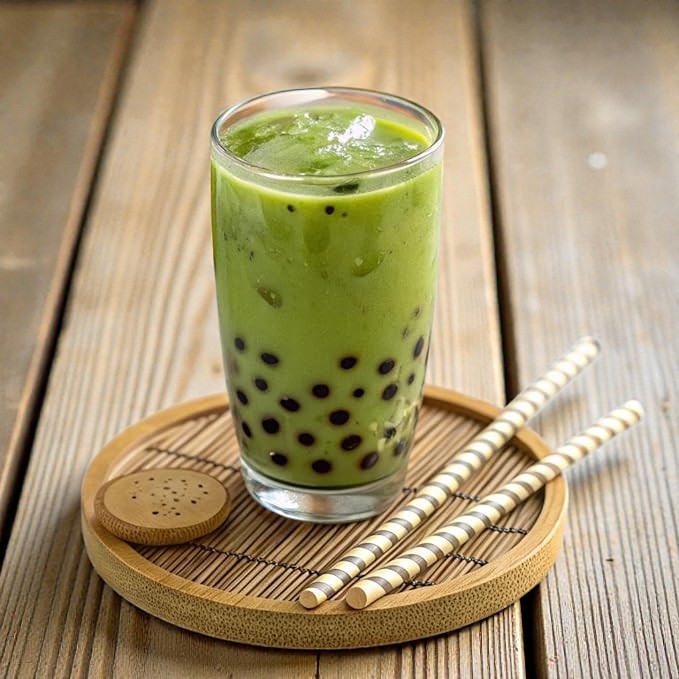 Picture of J WAY Instant Boba Bubble Pearl Matcha Milk Tea, Brown Sugar Flavor, Paper Straws Included - 3 Servings