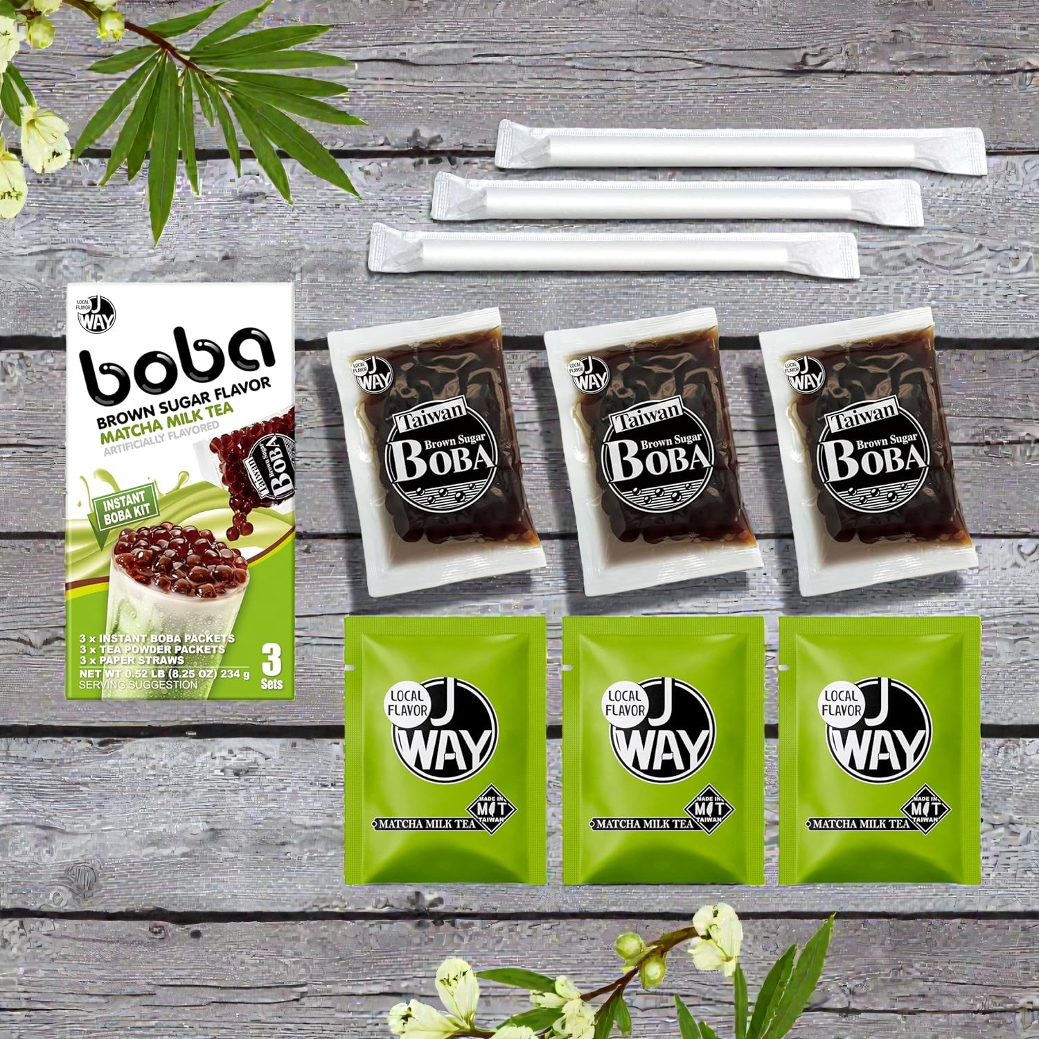 Picture of J WAY Instant Boba Bubble Pearl Matcha Milk Tea, Brown Sugar Flavor, Paper Straws Included - 3 Servings