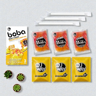 Picture of J WAY Instant Boba Bubble Pearl Passionfruit Green Tea, Fruity Flavor, Paper Straws Included - 3 Servings