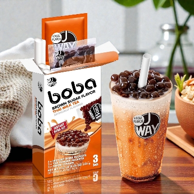Picture of J WAY Instant Boba Bubble Pearl Thai Milk Tea, Brown Sugar Flavor, Paper Straws Included - 3 Servings