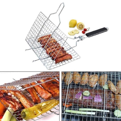 Picture of Portable Barbecue BBQ Grill Net Basket Roast Grilling Tray Chromium Plated with Wooden Handle