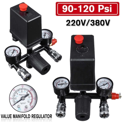 Picture of 220V 90-125PSI Air Compressor Pressure Control Switch with Pressure Regulator Gauges Safety Valve Fittings, Normally Closed