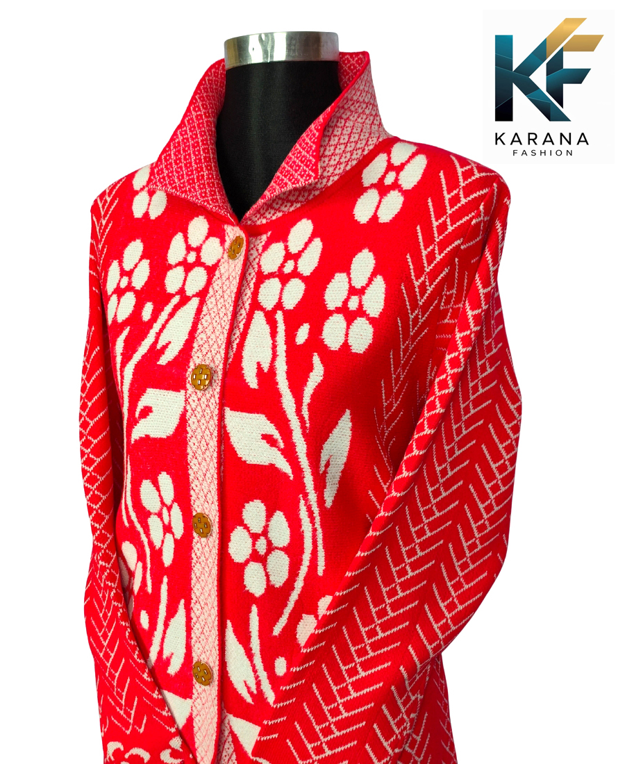 Picture of Premium Floral High-Neck long cardigan Button-Down Knit Sweater For ladies