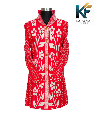 Picture of Premium Floral High-Neck long cardigan Button-Down Knit Sweater For ladies