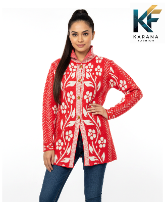 Picture of Premium Floral High-Neck long cardigan Button-Down Knit Sweater For ladies