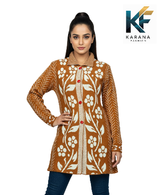 Picture of Premium Floral High-Neck long cardigan Button-Down Knit Sweater For ladies