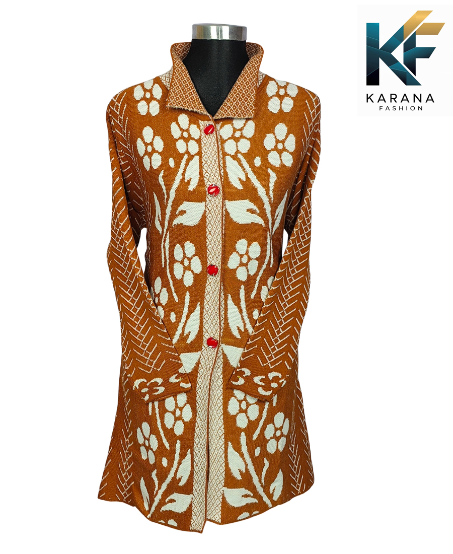 Picture of Premium Floral High-Neck long cardigan Button-Down Knit Sweater For ladies