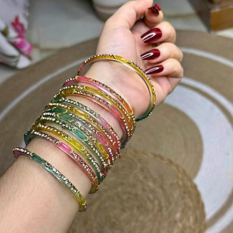 Picture of Raindrop Rainbow Glass Bangles With Stone Work. Premium Quality 12 piece Multicolor Churi