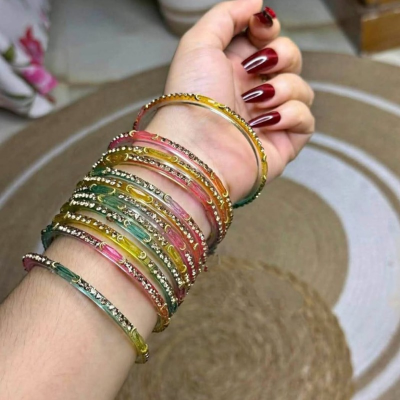 Picture of Raindrop Rainbow Glass Bangles With Stone Work. Premium Quality 12 piece Multicolor Churi