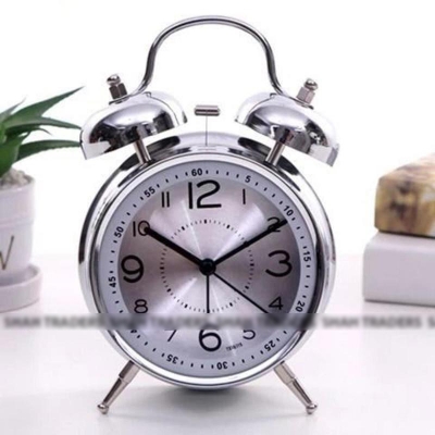 Picture of Shah Traders Metal Twin Bell Alarm Clock, Retro Vintage Desk Table Bedside Silent Analog Quartz Alarm Clock For Heavy Sleepers Kids Home Bedrooms Travel School Battery Operated With Light -Clock