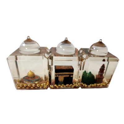 Picture of Islamic Pen Holder Stand Snow Water Globe Mecca Green Rock Dome Glitter Gold