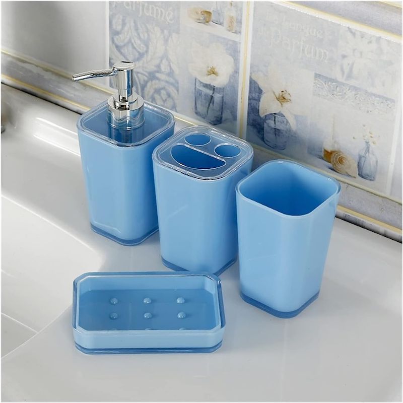Picture of Bathroom Accessories 4Pcs/Set Bathroom Gadgets Dispenser Cup Soap Dish Toothbrush Holder (Color : Sky Blue)