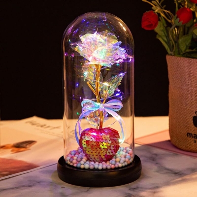 Picture of Galaxy Rose Flower in Glass Dome with LED Strip, Shiny Artificial Gold Foil Rose Gifts, Light Up Lasts Forever Glass Rose, Unique Gifts for Girlfriend/Grandma/Wife/Moms