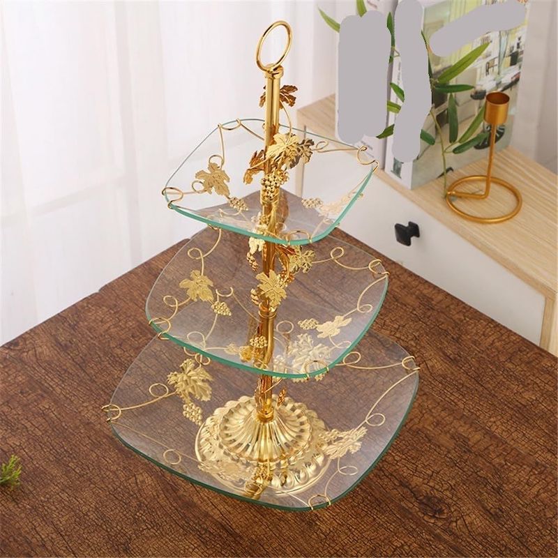 Picture of European-style Metal Tempered Glass Fruit Plate Three-layer Retro Elegant Hotel Home Living Room Fruit Plate (Color : Gold, Size : One size)