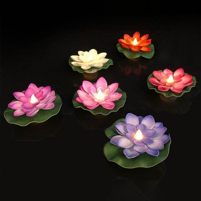 Picture of 6pcs Floating Pool Lights,Lotus Flowers Lights,Fun Pool Accessories,Pond Light LED Candles Artificial Flower W/ Water Lily Pad for Pool at Night,Garden Wedding Christmas New Year Party Fall Decor