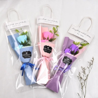 Picture of Handmade Soap Rose Bouquet with Carry Bag Soap Flower Eternal Rose Valentine's Day Creative Birthday Gift Present Gifts