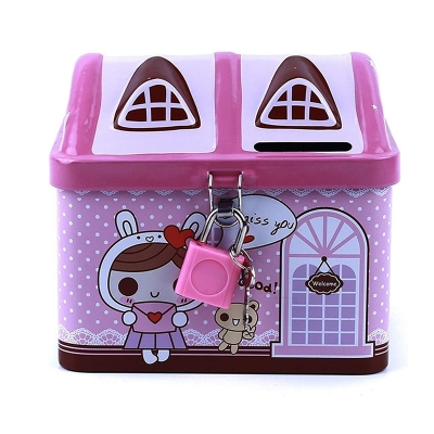 Picture of Metal House-Shaped Piggy Bank for Kids – Lockable Coin Money Saving Box with Key | Christmas Gift for Children | Pink & Blue