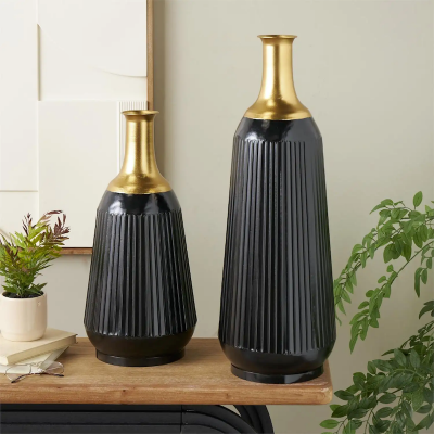 Picture of Black Metal Tall Ribbed Decorative Vase with Gold Tops (Set of 2)