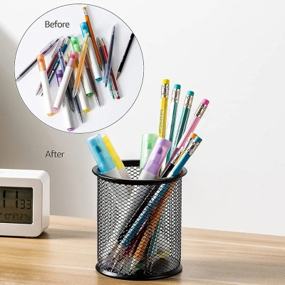 Picture of desktop table promotion custom multi purpose single stand office mesh metal black pencil cup pen holder