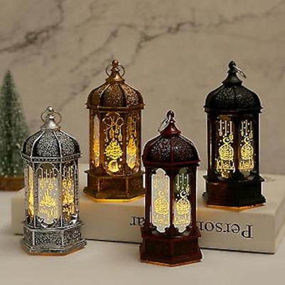 Picture of Mumuso Ramadan Hexagonal Wind Lamp, Gold Ramadan Lantern Lamp EID Mubarak LED Light Ornaments Muslim Party Hang Decor Ramadan Mubarak Decoration LED Night Lamp, Warm Yellow Light - Muslim Eid Crafts Lantern Pendant - Built-in 3LR44 Button Battery - Home B