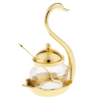 Picture of Aluminum alloy Condiment Pot Seasoning Container Spice Glass Jar Salt Sugar Bowl Pepper Coffee Storage Organizer Swan Rack Set