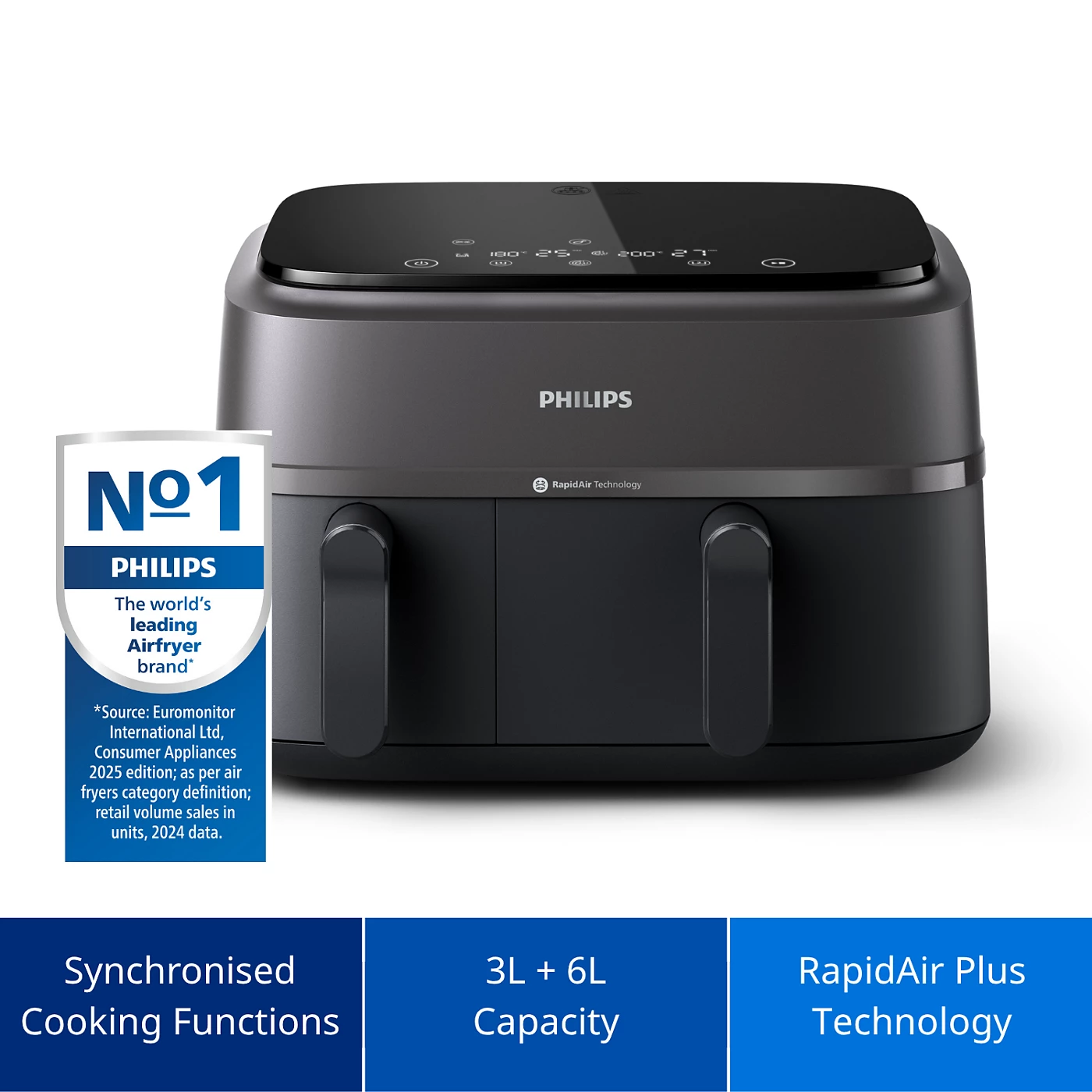 Picture of "Philips Airfryer NA350/00 – Dual Drawer, 9.5 Qt (9L) Capacity *Special Feature Programmable, *Temperature Control,* Timer Product Dimensions *15""D x 17.4""W x 12.3""H*Capacity 9 Liters *Material Plastic"
