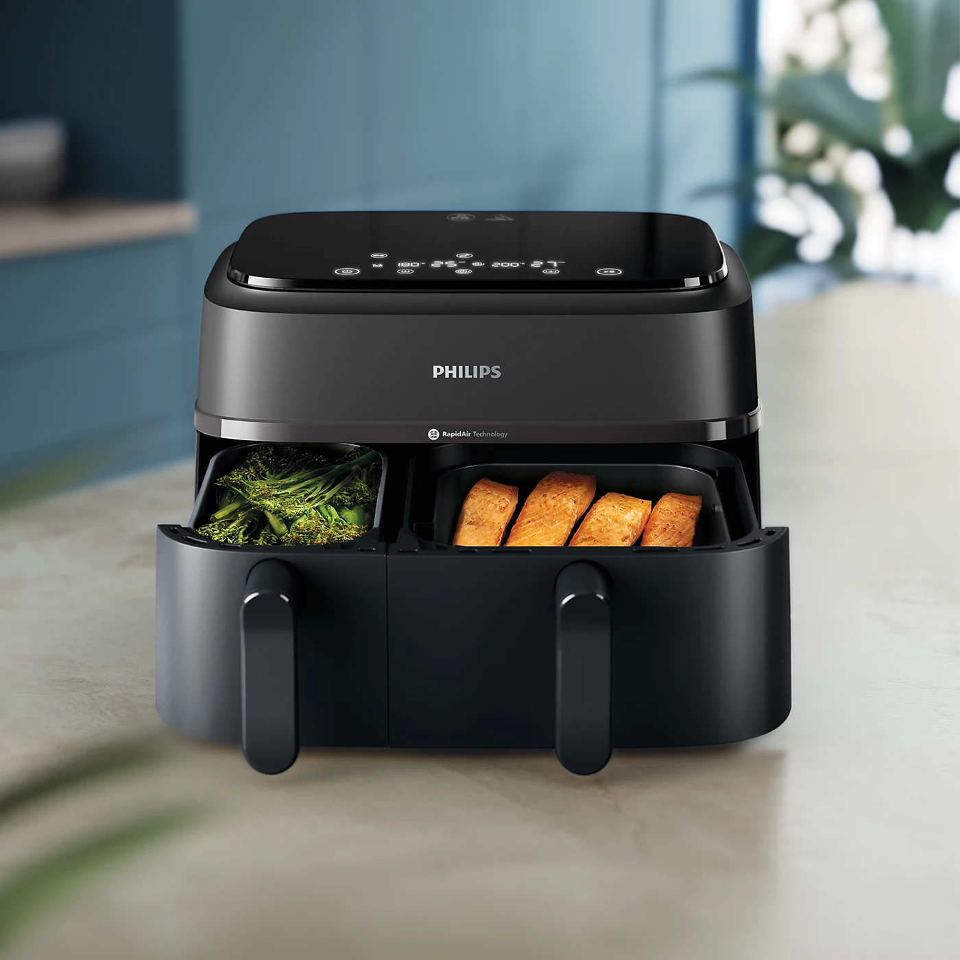 Picture of "Philips Airfryer NA350/00 – Dual Drawer, 9.5 Qt (9L) Capacity *Special Feature Programmable, *Temperature Control,* Timer Product Dimensions *15""D x 17.4""W x 12.3""H*Capacity 9 Liters *Material Plastic"