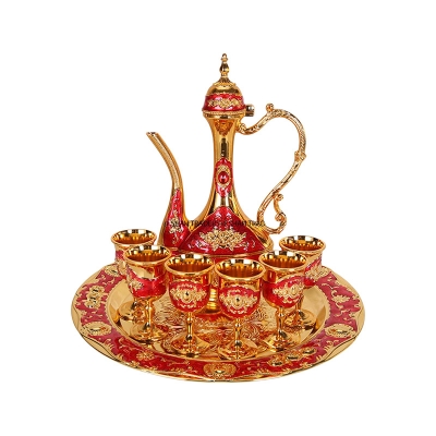 Picture of Vintage Metal Turkish Coffee Pot Set Turkish Tea Set with 6 Luxury Coffee Cups & Craft Tea Tray Teapot for Serving Tea Zamzam Coffee Cappuccino,Gold Silver Ottoman Trim Weddin Gift