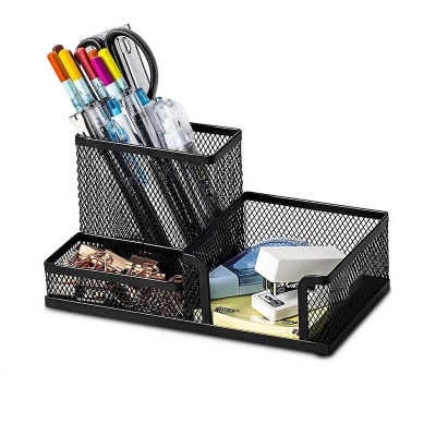Picture of Versatile Mesh Organizer for Desk Office Supplies - Includes Pencil Holder and Storage Baskets for Desk Accessories - Sleek Black Design