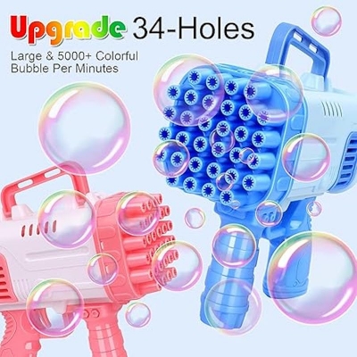 Picture of 34-Hole Bubble Machine Gun - 2024 Upgrade Gatling Bubble Machine Bubble Bazooka Machine Rocket Launcher Bubble Maker Blower for Boys Girls Adults Birthday Party (Multicolor)