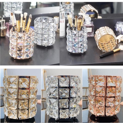 Picture of Luxurious Crystal Metal Makeup Cosmetic Organizer Brush Bucket Jewelry Storage Box Tube Eyebrow Pencil Holder Container