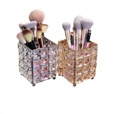 Picture of Luxury Crystal Metal Makeup Brush Holder Storage Tube | Glittering Diamond Cosmetic Brushes Organizer Box for Elegant Makeup Tools Arrangement