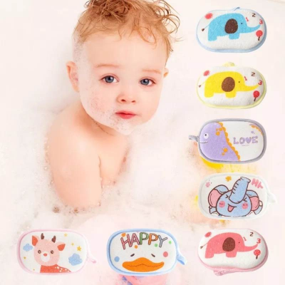 Picture of Baby Bath Sponge Cartoon Animal Style Ultra Soft Cotton Scrubber Bath Brush Rubbing 
