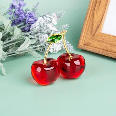 Picture of Crystal Cherry Figurine Glass Fruit Status Paperweight Home Decor Ornaments Tabletop Centerpiece