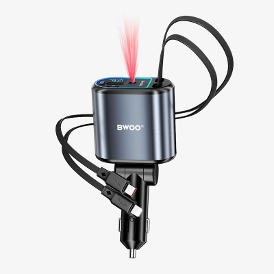 Picture of Bwoo BO-CC109 120W USB & Type-C Grey Car Charger With 2 Retractable Cables