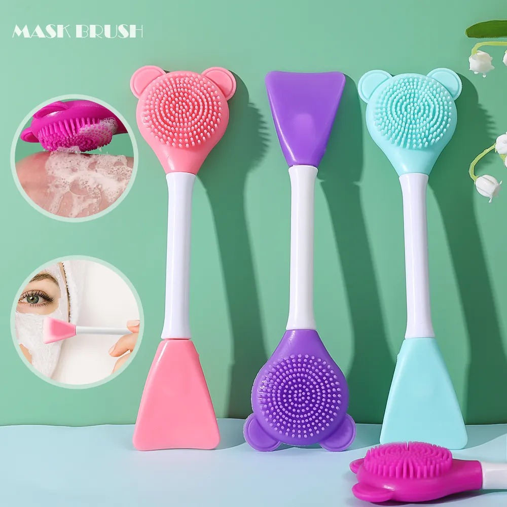 Picture of Bear Shape 1pcs Double Head Facial Mask Brush Silicone Applicator Spoon Spatula Stirring Stick Women Skin Face Cleansing Care Home Makeup Tools