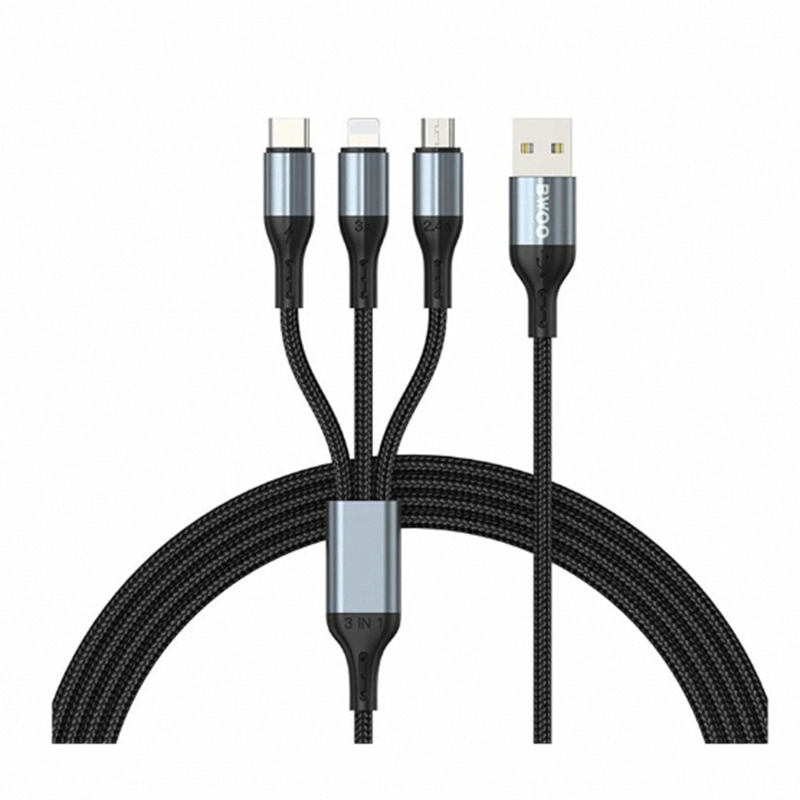 Picture of Bwoo BO-X274 USB Male to USB-C,Lightning & Micro-USB Male, 1.2 Meter, Black Charging & Data Cable