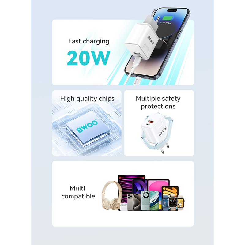 Picture of Bwoo BO-CDA157C-L 20W USB & USB-C White Charger / Charging Adapter With USB-C to Lightning Cable (EU)