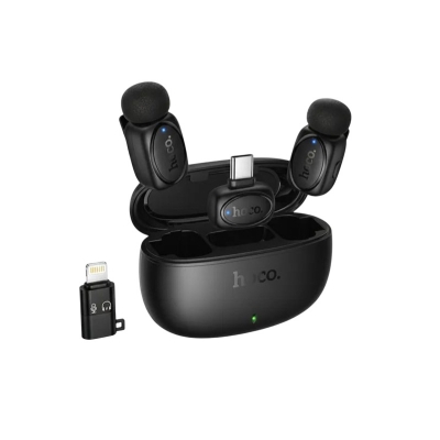 Picture of HOCO | L19 “Graceful” Dual Wireless Lavalier Microphone | 2 Mics + 1 Receiver (Type-C with Lightning Adapter) | 20m Range | 300mAh Charging Case, 60mAh Mics | Plug-and-Play for Android & iPhone.