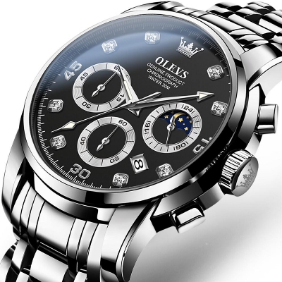 Picture of OLEVS Men's Watch Waterproof Diamond set Dial Chronograph Luminous Calendar Stainless Steel Strap with Gift Box