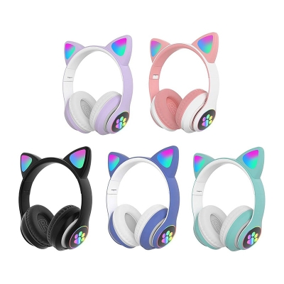 Picture of Over- STN-28 Ear Music Headset Glowing Cat Ear Headphones Foldable Wireless BT5.0 Earphone with Mic AUX IN TF Card MP3 Player Colorful LED Lights for PC Laptop Computer Mobile Phone-Multicolor