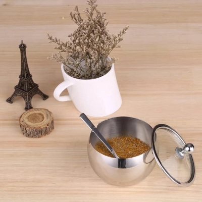 Picture of Stainless Steel Sugar Bowl With Glass Lid Bonus Spoon Capacity 400g Seasoning Organizer Seasoning Container Set