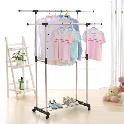 Picture of Home Stainless Steel Double Rails Clothes Drying Rack Organizer Adjustable Garment Rack Storage offcie Room Kitchen Clothes Drying Racks
