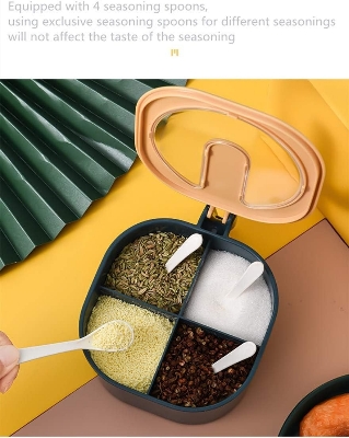 Picture of Visual condiment box, Spice Racks with condiment spoon, healthy material, 4 compartments for enclosed storage, easy to organize in the kitchen and condiment storage