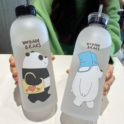 Picture of Panda Transparent Water Bottles With Straw Frosted Protein Shaker Kawaii Large Capacity Drinking Utensils 1L