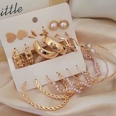 Picture of 18 Pcs Mixed Designs Big Hoop Pearl Dainty Butterfly Stud Earring for Women New Collection Party Jewelry/ Big Hoop Earrings Set for Girls Simple Stylish Fashion