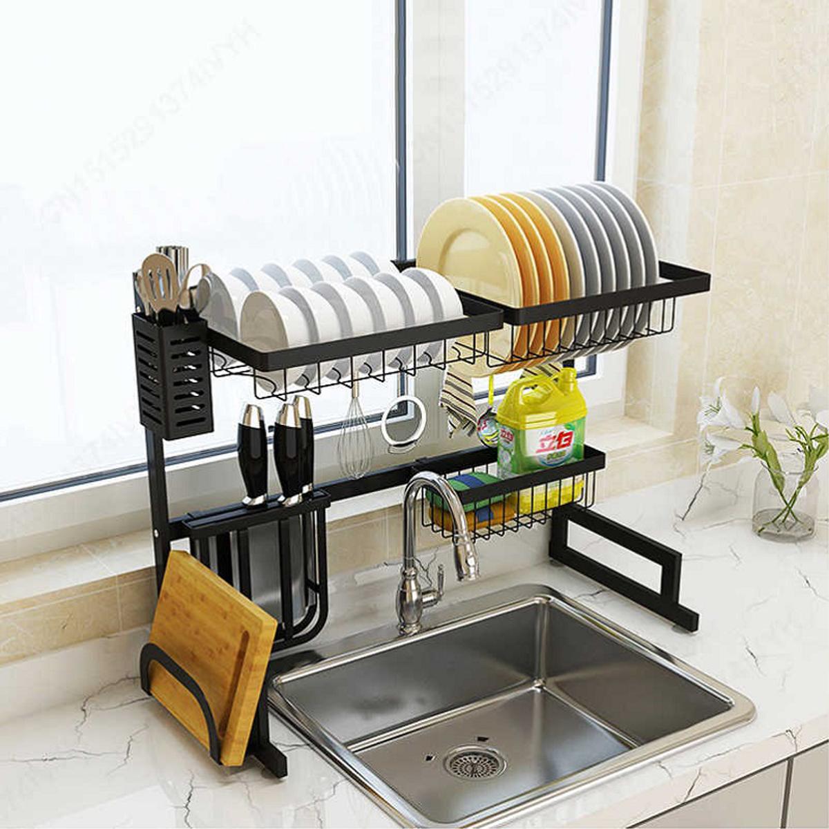 Picture of Sink Rack Stainless Steel Storage Holders Racks Kitchen Shelf Rack Wall Drain Dish Rack Pot Lid Spice Holder DIY Kitchen Organizer