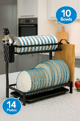 Picture of Dish Drying Rack 2-Tier Dish Rack with Utensil Holder, Cutting Board Holder and Dish Drainer for Kitchen Counter (Black, 2 layer)