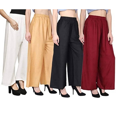 Picture of 4 Pcs Stylish Straight plain Linen Plazo For Women Solid Skirt Palazzos for ladies Multi color.